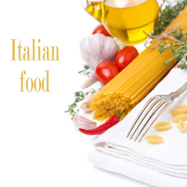 Fork, napkin, pasta and spices isolated — Stock Photo, Image