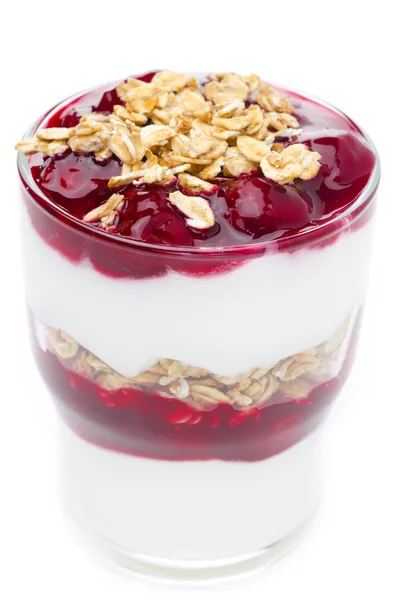 Close-up of layered dessert with yogurt, granola and cherry — Stock Photo, Image