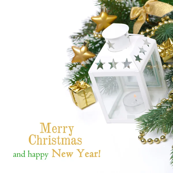 Christmas composition with a white lantern, fir branches — Stock Photo, Image