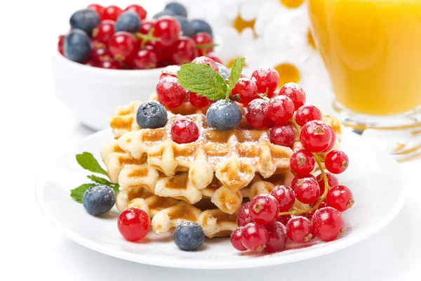 Delicious breakfast with waffles, berries and orange juice — Stock Photo, Image