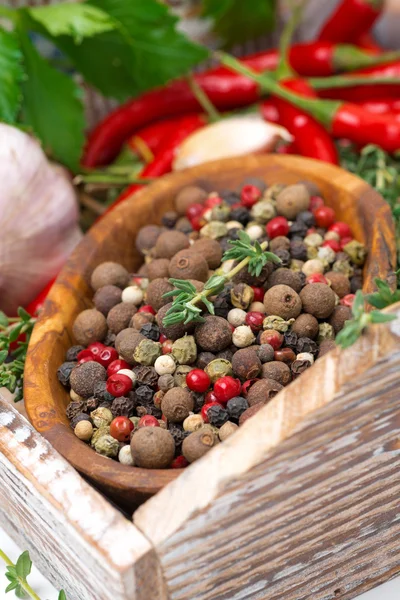 Wooden bowl with assorted dried peppers, fresh herbs, garlic — Stock Photo, Image