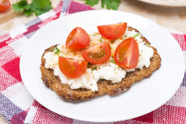 Sanduíche com queijo caseiro, pimenta, ervas e cereja — Fotografia de Stock