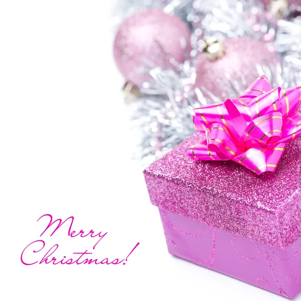 Composition with pink gift box and christmas balls, isolated — Stock Photo, Image