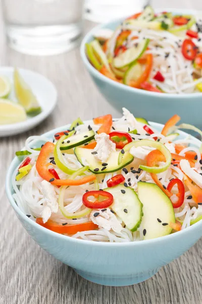 Deliziosa insalata tailandese con verdure, spaghetti di riso e pollo — Gratis stockfoto