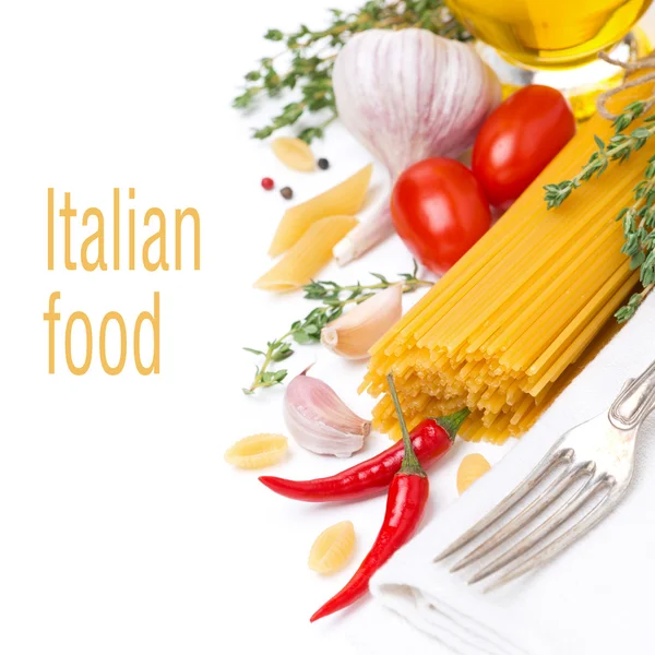 Pasta and ingredients, isolated on white — Stock Photo, Image