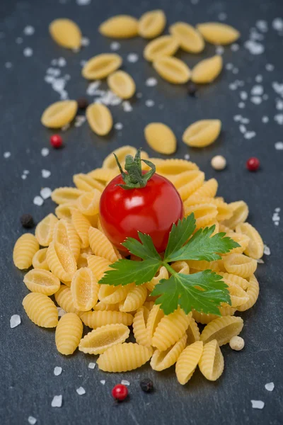 Conchas de pasta italiana, tomates cherry, sal y pimienta —  Fotos de Stock