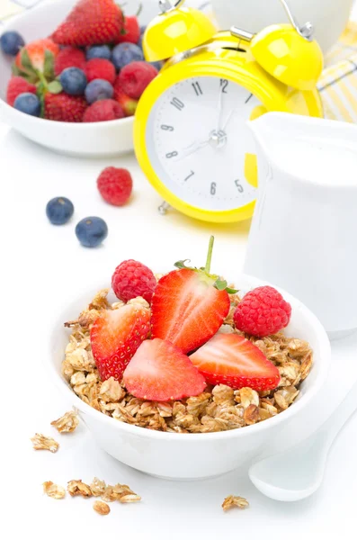 Гранола со свежими ягодами и молоком на завтрак — стоковое фото