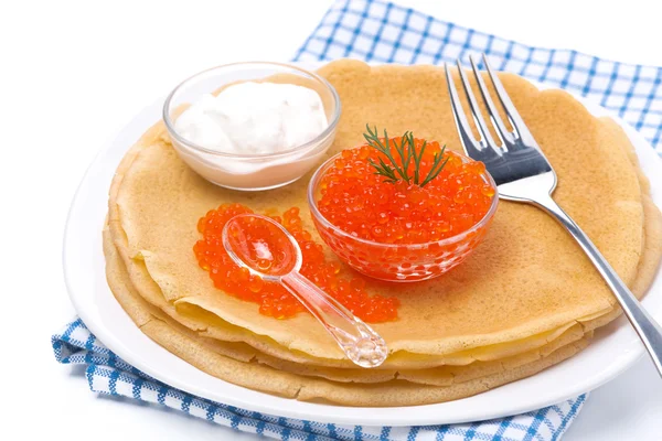 Delicious crepes with red caviar, dill and sour cream, isolated — Stock Photo, Image