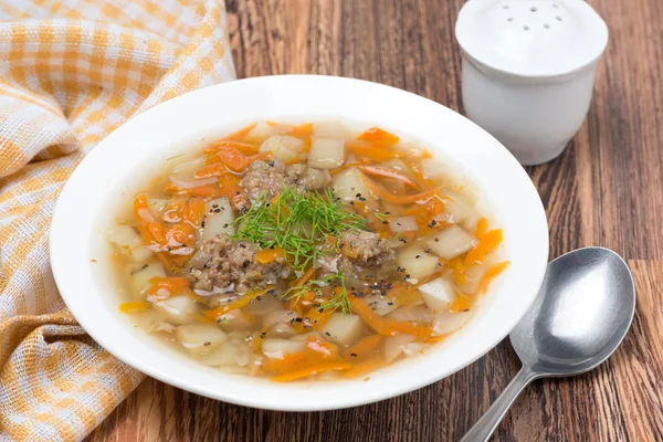 Zeleninová polévka s karbanátky v desce — Stock fotografie