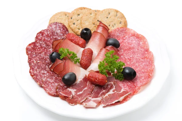 Assorted deli meats on a plate, isolated — Stock Photo, Image