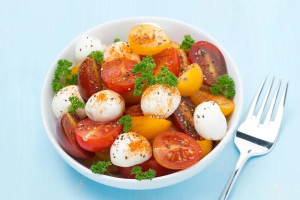 Kom salade met mozzarella, kruiden, kleurrijke cherry tomaten — Stockfoto