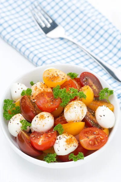 Salad with mozzarella and colorful cherry tomatoes, top view — Stock Photo, Image