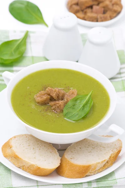 Spinazie soep met croutons in een kom — Stockfoto
