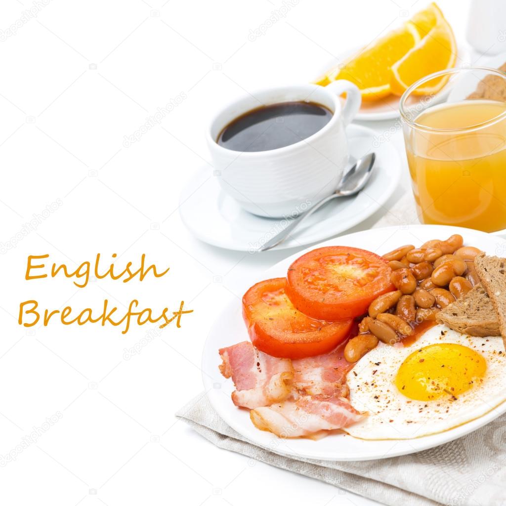 Traditional English breakfast with fried eggs, bacon, beans