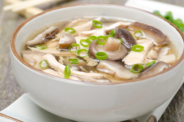 Chinese food - bowl of soup with chicken, shiitake mushrooms