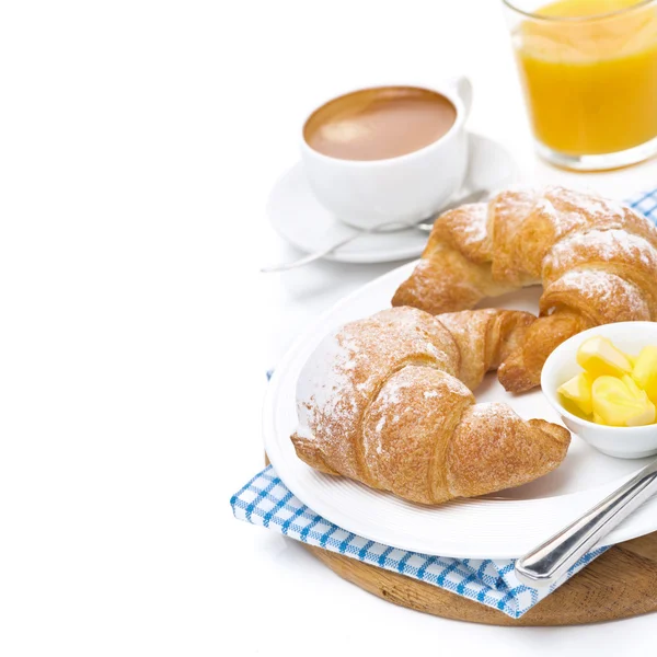 Croissant con burro, espresso e succo d'arancia isolati — Foto Stock