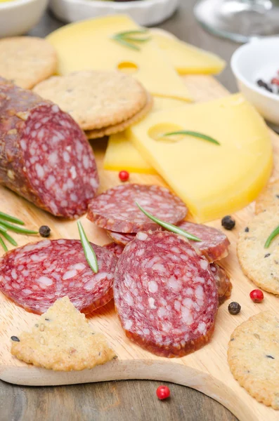 Salame, formaggio, cracker e spezie su un tagliere — Foto Stock