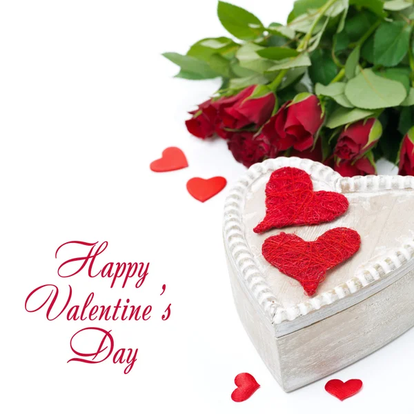 Wooden box with red hearts and roses for Valentine's Day, isolat — Stock Photo, Image