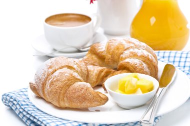 kruvasan kahvaltı için tereyağı, espresso ve portakal suyu ile