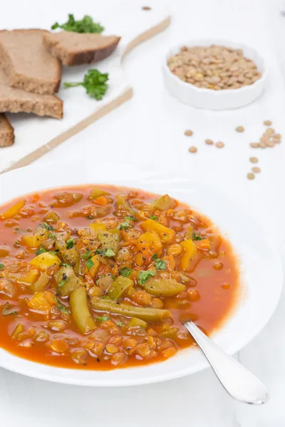 Spicy tomato soup with green lentils and vegetables — Stock Photo, Image