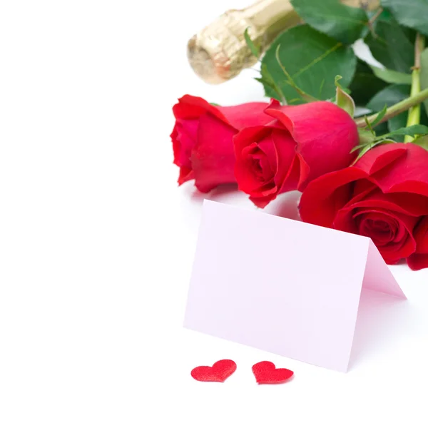 Kaart voor roses, felicitatie, champagne, geïsoleerd Stockfoto