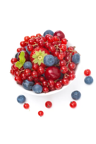 Assorted fresh seasonal berries in a bowl isolated on white — Stock Photo, Image