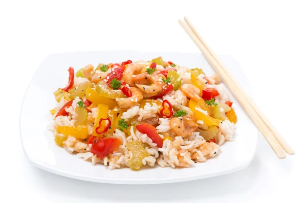 Rice with vegetables and shrimps on the plate, isolated — Stock Photo, Image