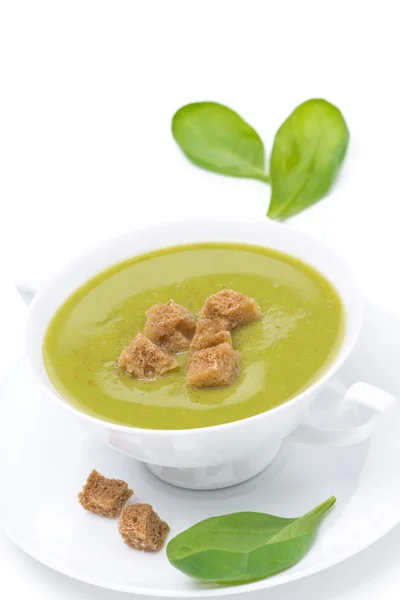 Szpinak tradycyjny zupa z grzankami w misce, na białym tle — Zdjęcie stockowe