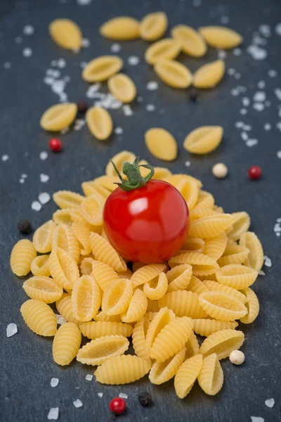 Italian pasta shells, cherry tomatoes, salt and pepper — Stock Photo, Image