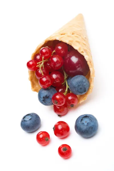 Assorted fresh seasonal berries in a waffle cone isolated — Stock Photo, Image