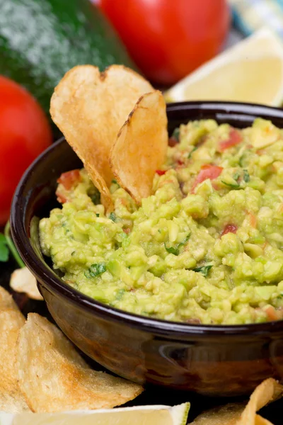 Salsa mexicana guacamole y papas fritas, primer plano — Foto de Stock