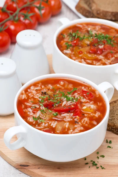 番茄汤配米饭、 蔬菜和草药 — 图库照片