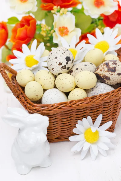 Cesta de mimbre con huevos de Pascua, flores y conejo blanco —  Fotos de Stock