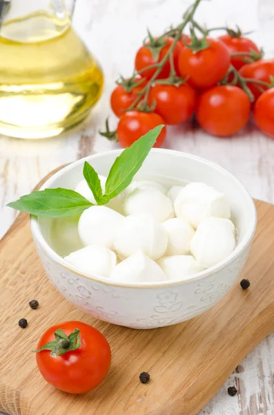 Verse mozzarella in een kom en cherry tomaten — Stockfoto