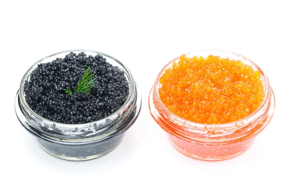 Red and black caviar in glass jars isolated on white background — Stock Photo, Image