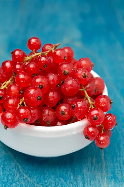 Bowl of red currant on a blue wooden background, close-up — Stock Photo, Image