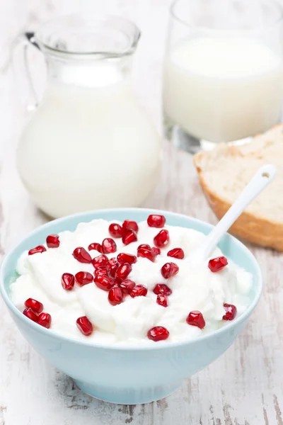 Hausgemachter Joghurt mit Granatapfel und Milch, vertikal — Stockfoto