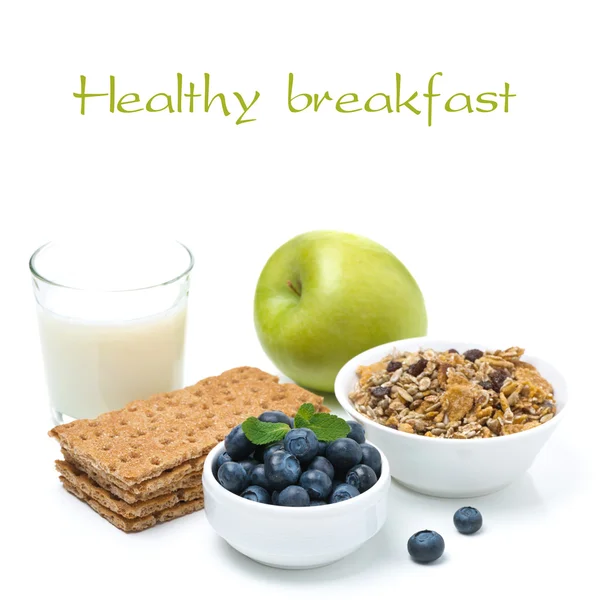 Hälsosam frukost - knäckebröd, äpple, blåbär, mjölk, müsli — Stockfoto