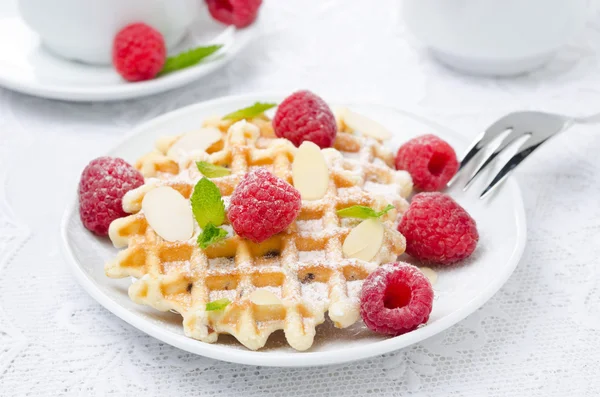 Waffles, fresh raspberries and almonds for breakfast — Stock Photo, Image