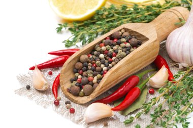çeşitli baharatlar - taze ve kurutulmuş biber, sarımsak, kekik