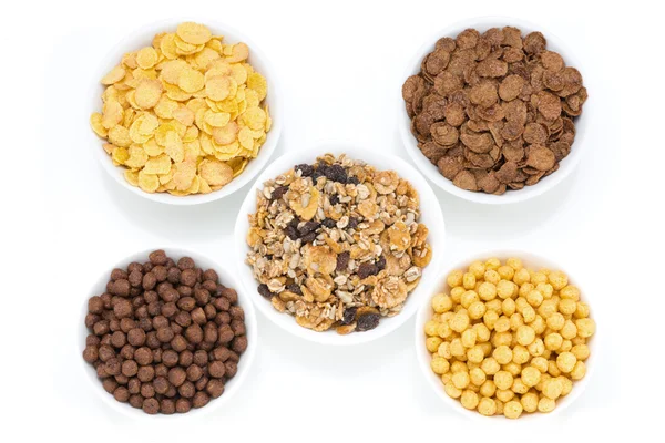 Surtido cereales secos para el desayuno, aislado — Foto de Stock