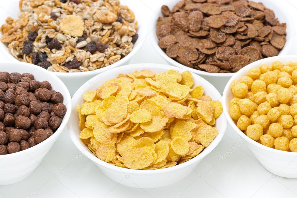 assortment breakfast cereals in bowls