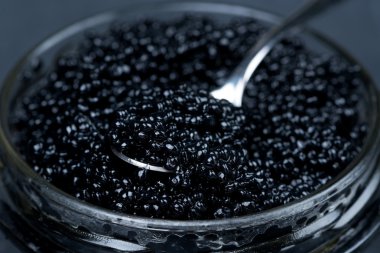 seçici odak, makro bir cam kavanozun içinde siyah havyar kaşık