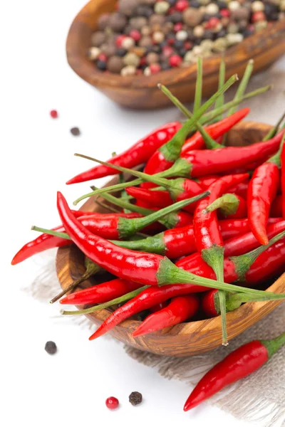 Bowl with fresh chili pepper, isolated on white — Stock Photo, Image