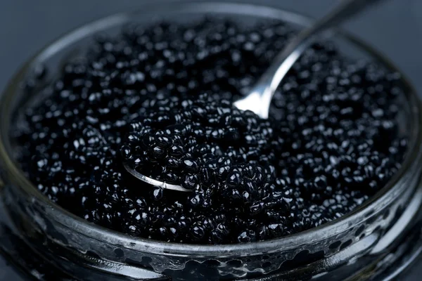 Cuchara de caviar negro en un frasco de vidrio, enfoque selectivo, macro —  Fotos de Stock