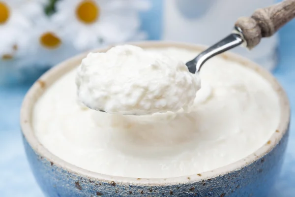 Spoon of homemade natural yoghurt, close-up — Stock Photo, Image