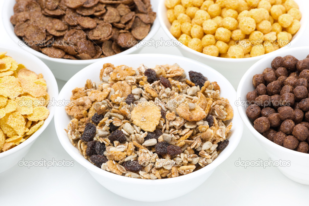 granola and various breakfast cereals, close-up