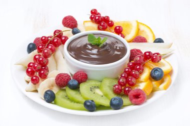 bir plaka üzerinde çikolata soslu karışık meyve