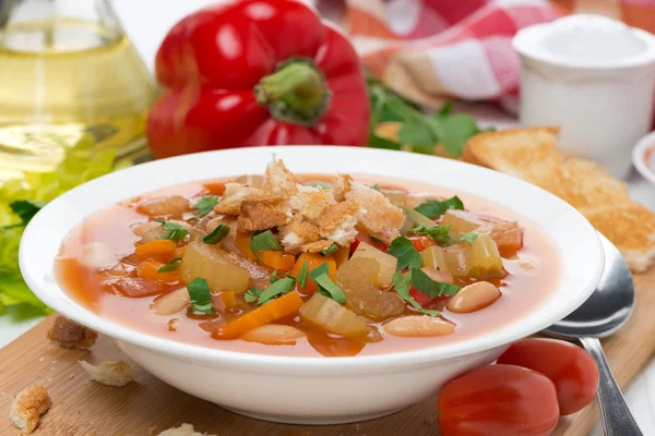 Minestrone con verduras, tomates, frijoles y croutons — Foto de Stock