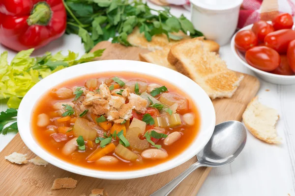 Minestrone with vegetables, beans and croutons in a plate — Stock Photo, Image